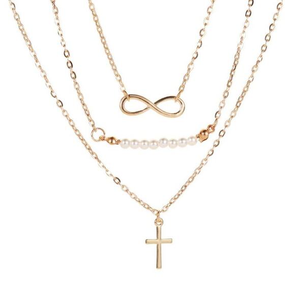 Long 8 Word Pearl Multi-layer Necklace Cross Pendant Necklace Gold Chain - Picture 5 of 5